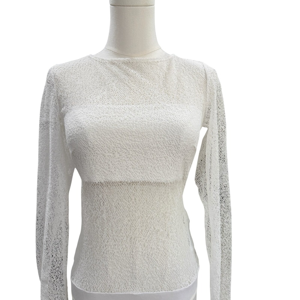 Bebe White Lace Sheer Mesh Bodysuit Long Sleeve Y2K Coquette Fairy Festival SZ S - Picture 6 of 8